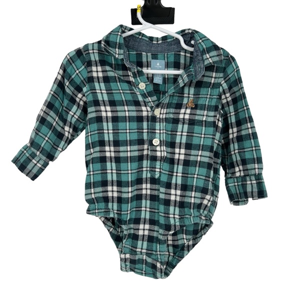 Baby Gap Green Plaid Collared Long Sleeve One Piece Bodysuit 12-18 Months - Picture 1 of 3